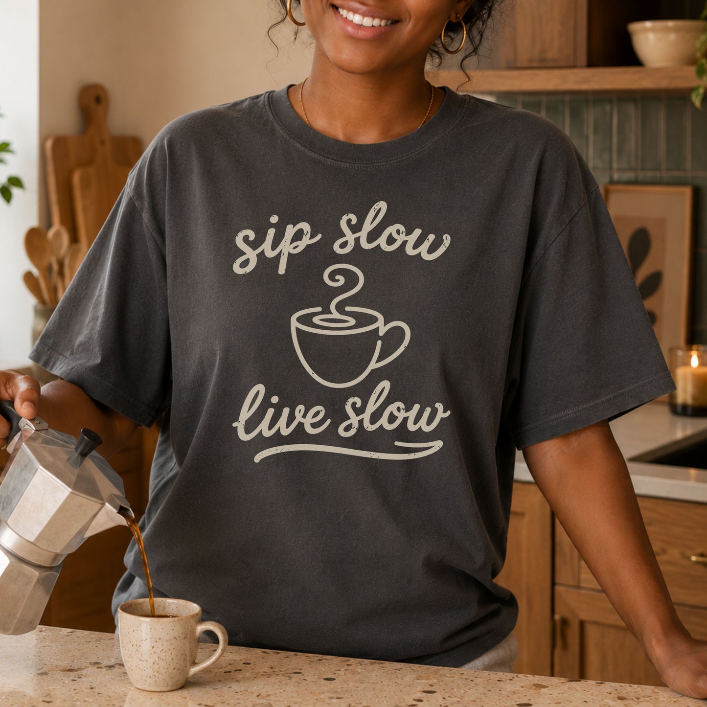 Sip Slow, Live Slow Tee | Vintage coffee Lover Shirt | Cozy Reading Tee