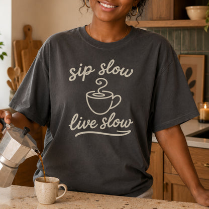 Sip Slow, Live Slow Tee | Vintage coffee Lover Shirt | Cozy Reading Tee