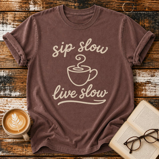 Sip Slow, Live Slow Tee | Vintage coffee Lover Shirt | Cozy Reading Tee