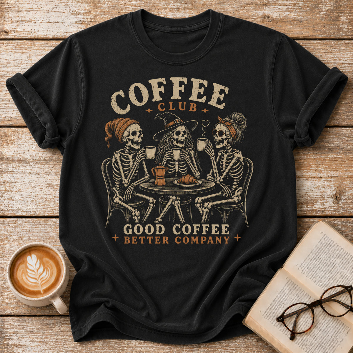 Coffee Club Vintage T-Shirt | Funny Skeleton Coffee Tee | Spooky Coffee Lover Graphic Shirt