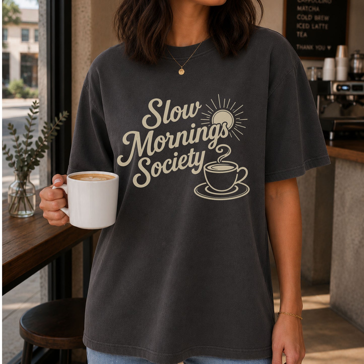 Slow Mornings  Society Vintage T-Shirt | Coffee Lover Tee | Retro Coffee Shirt