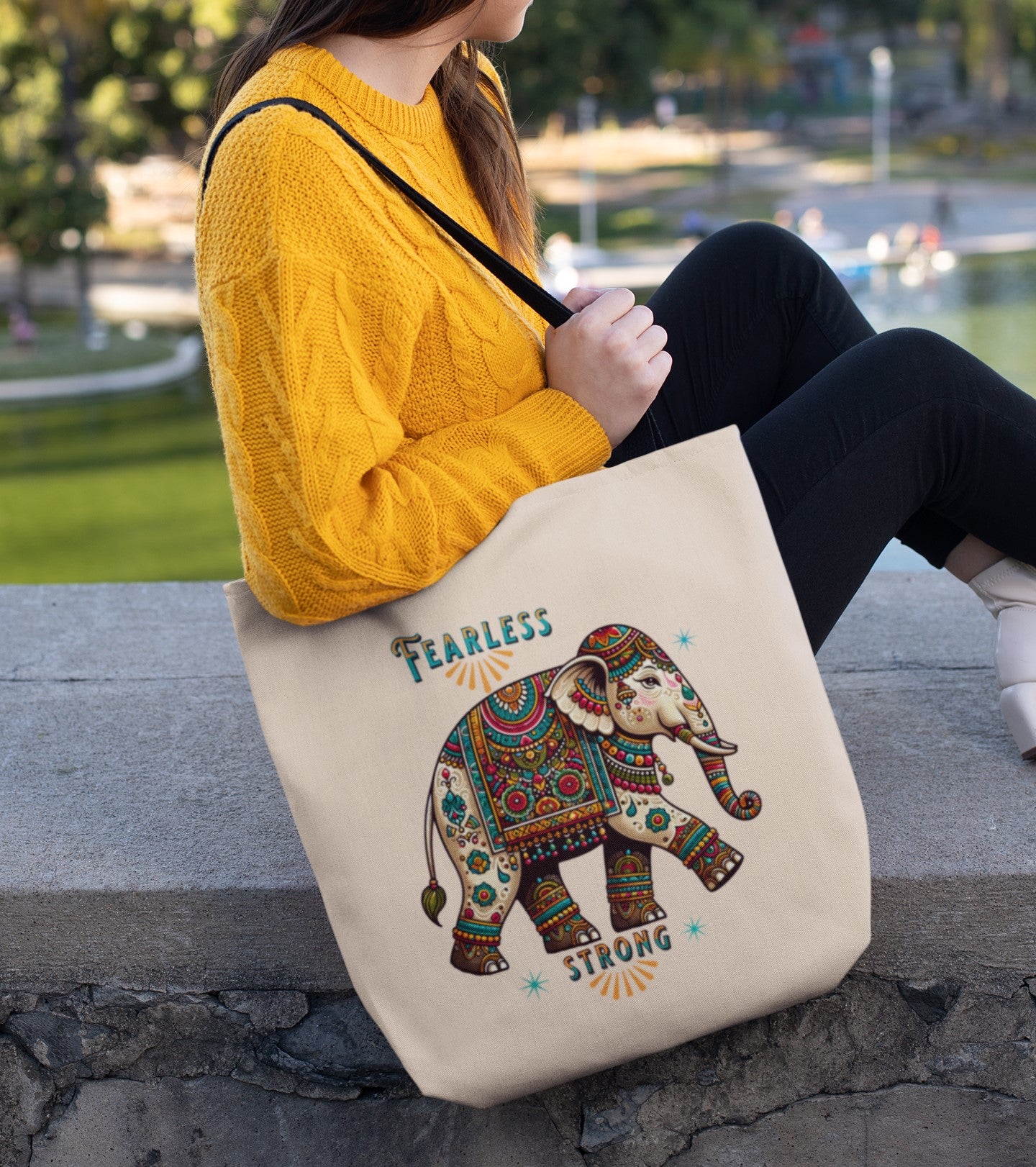 "Fearless,  Strong " Elephant Tote Bag